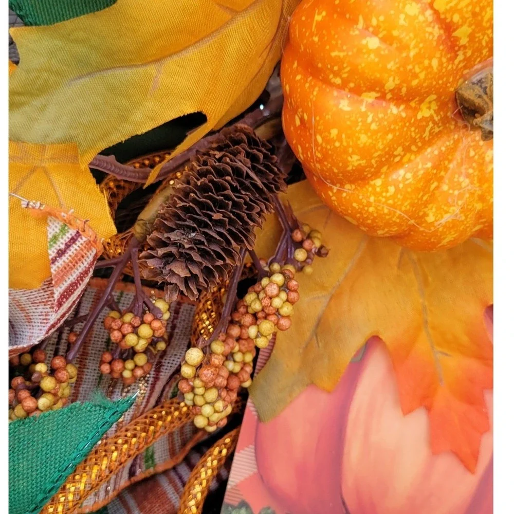 Fall Welcome Wreath Pumpkin Maple Leaf Berries Harvest Decor 23 Inch Handmade